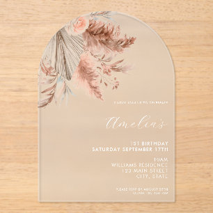 Eleganter Minimalistisch Boho Floral 1. Geburtstag Acryleinladungen