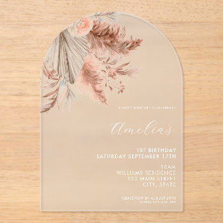 Eleganter Minimalistisch Boho Floral 1. Geburtstag Acryleinladungen