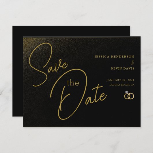 Eleganter Minimalistischer Black & Gold Rett-the-D Save The Date (Vorne/Hinten)