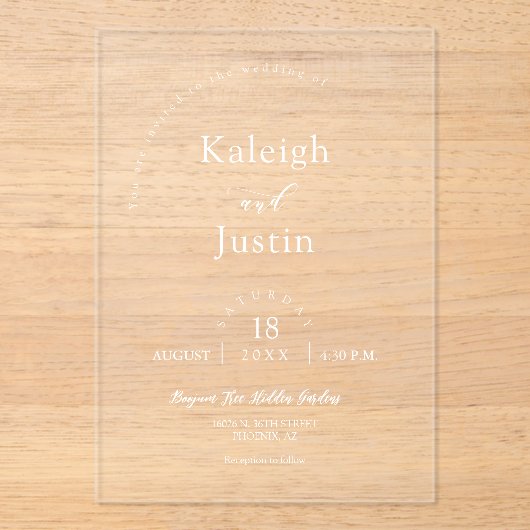 Eleganter Minimalistischer Boho Arch Wedding White Acryleinladungen (Vorderseite)