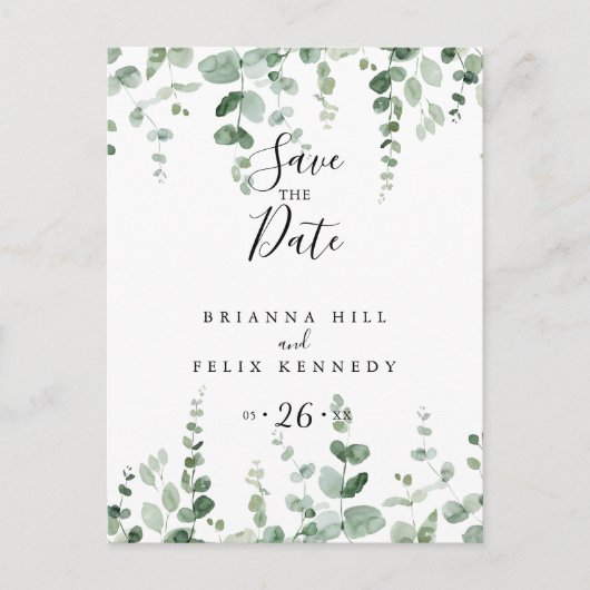 Eleganter Minimalistischer Eukalyptus Save the Dat Postkarte (Vorderseite)