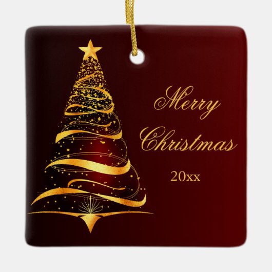 Eleganter Minimalistischer Goldener Baum Frohe Wei Keramikornament (Vorderseite)