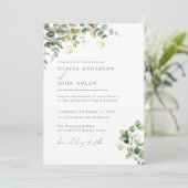 Eleganter minimalistischer grüner Gold-Eukalyptus  Einladung (Stehend Vorderseite)