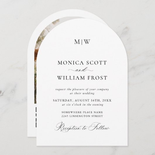 Eleganter Minimalistischer Hochzeitsbogen-Foto QR- Einladung (Vorne/Hinten)