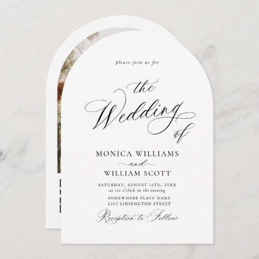 Eleganter Minimalistischer Hochzeitsbogen-Foto QR- Einladung (Vorne/Hinten)