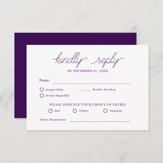 Eleganter Minimalistischer Lila Einfache Hochzeit  RSVP Karte (Vorne/Hinten)