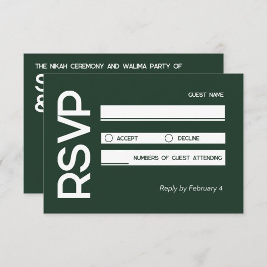 Eleganter, Minimalistischer, muslimischer Grüner H RSVP Karte (Vorne/Hinten)