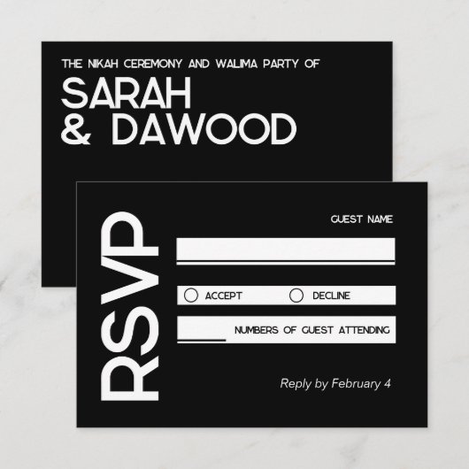 Eleganter Minimalistischer muslimischer Schwarz-we RSVP Karte (Vorne/Hinten)