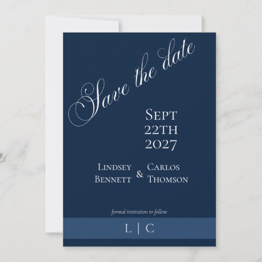 Eleganter minimalistischer Navyblauer Save The Date (Vorderseite)
