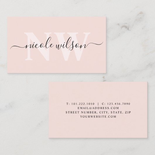 Eleganter minimalistischer Rosa-Monogramm-Name Visitenkarte (Vorne/Hinten)
