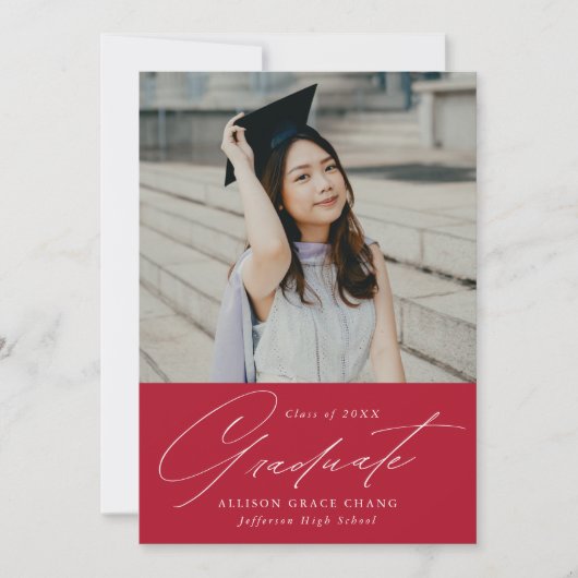 Eleganter Minimalistischer Roter Foto Abschluss Ankündigung (Vorderseite)