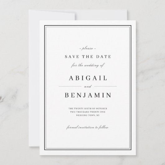 Eleganter minimalistischer Schwarz-Weiß-Stil Save Save The Date (Vorderseite)
