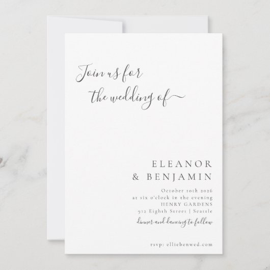 Eleganter Minimalistischer Schwarz-weißer Script-W Einladung (Vorderseite)