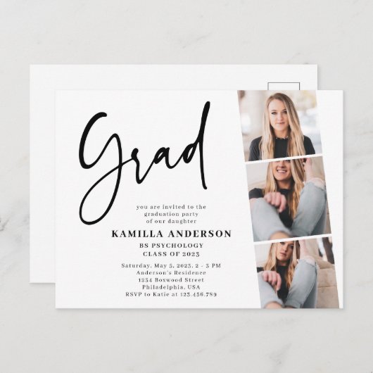 Eleganter Minimalistischer Script 3 Foto Abschluss Einladungspostkarte (Vorne/Hinten)