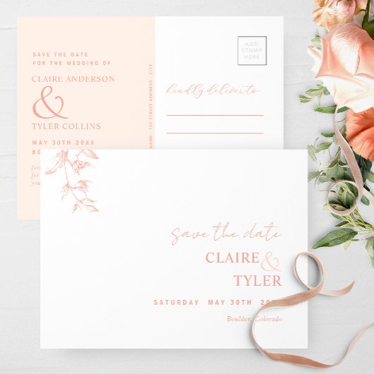 Eleganter Minimalwert, Peach Wedding Save the Date Postkarte