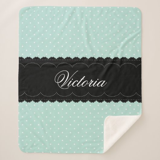 Eleganter Mint Blue Polka Dot Black Lace Individue Sherpadecke (Vorderseite)