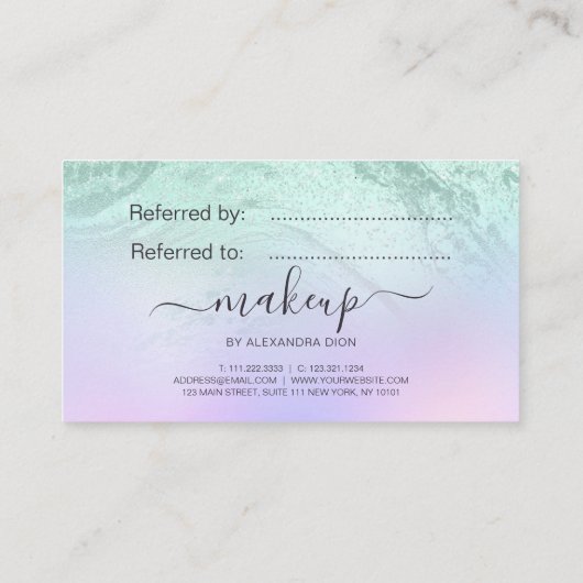 Eleganter Minzgrün-Glitzer-Marmor-Makeup-Künstler Empfehlungskarte (Rückseite)
