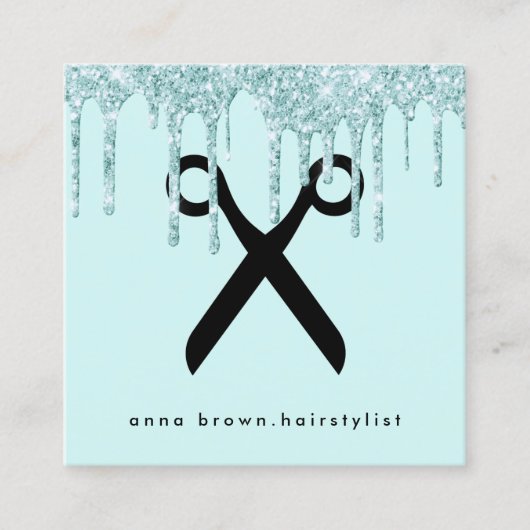 Eleganter Minzgrün Glitzer Tropfen Friseurstylisti Quadratische Visitenkarte (Vorderseite)