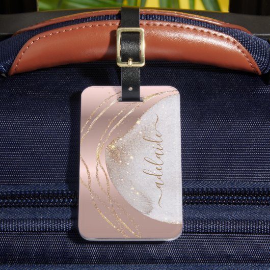 Eleganter Mit Monogramm Name Rose Gold Glitzer Cus Gepäckanhänger (Vorderseite Insitu 2)