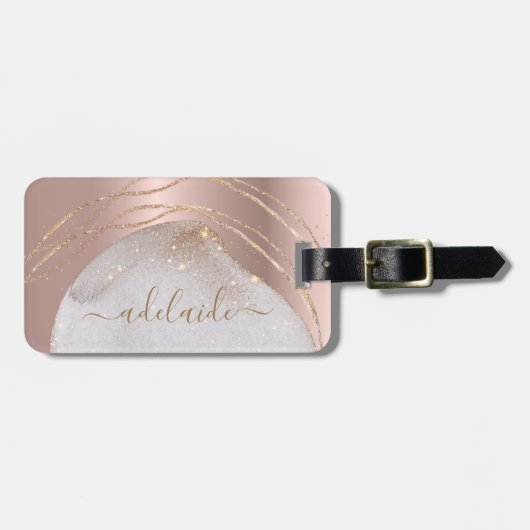 Eleganter Mit Monogramm Name Rose Gold Glitzer Cus Gepäckanhänger (Vorderseite horizontal)