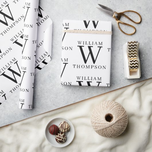 Eleganter Mit Monogramm Name Schwarz/Weiß Geschenkpapier (Kunsthandwerk)