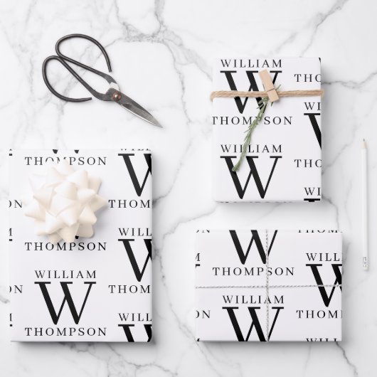 Eleganter Mit Monogramm Name Schwarz/Weiß Geschenkpapier Set (Vorderseite)