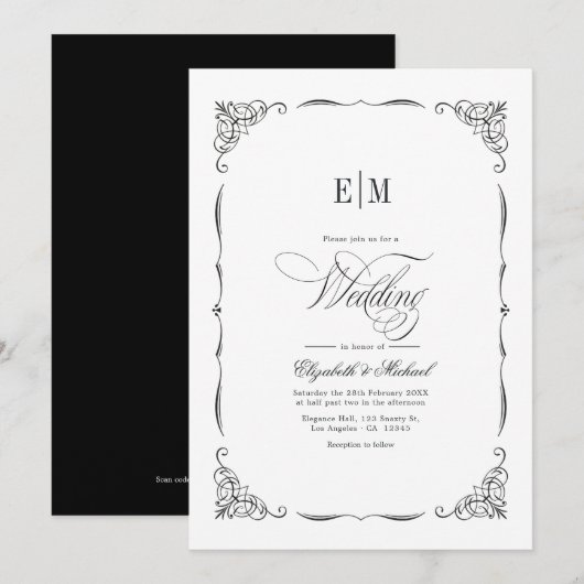 Eleganter Mit Monogramm QR-Code für Schwarzweiß-Ho Einladung (Vorne/Hinten)