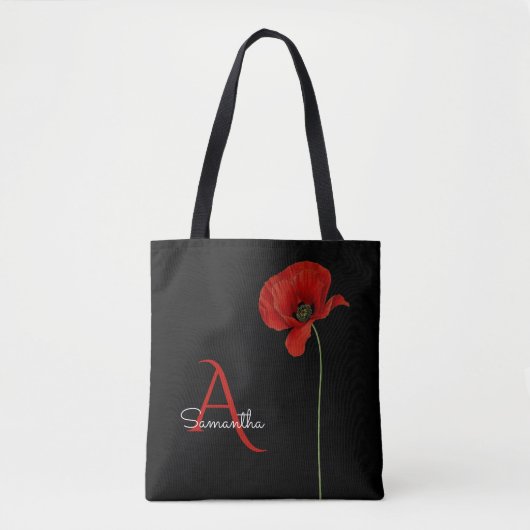 Eleganter Mit Monogramm roter Mohn auf Schwarz Tasche (Vorderseite)