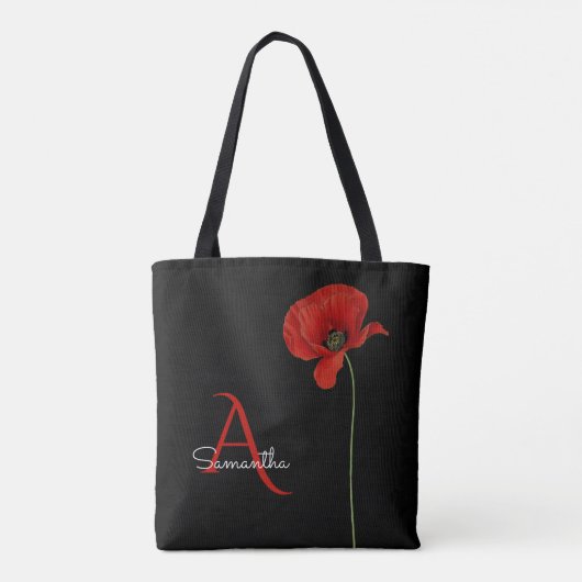 Eleganter Mit Monogramm roter Mohn auf Schwarz Tasche (Rückseite)