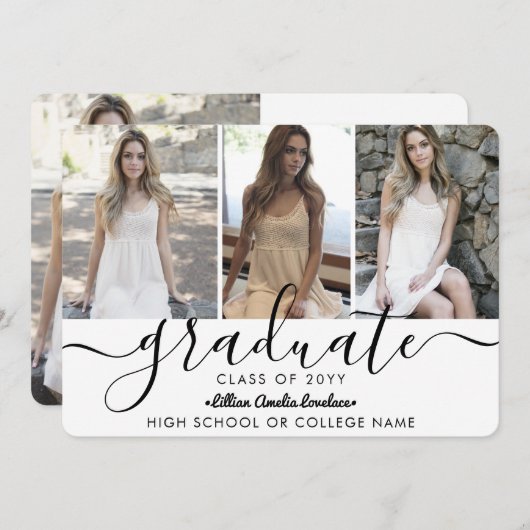 Eleganter Modern 4 Foto Collage Script Abschluss Ankündigung (Vorne/Hinten)
