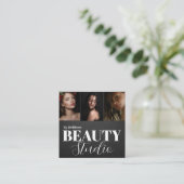 Eleganter Modern Black Beauty Salon 3 Foto Quadratische Visitenkarte (Stehend Vorderseite)
