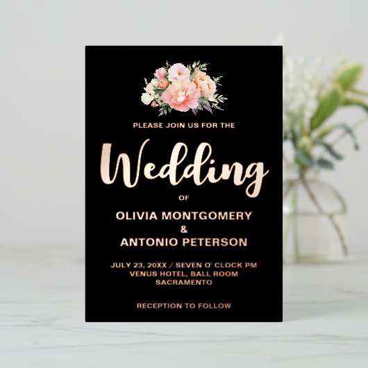 Eleganter Modern Light Pink Peony Black Wedding Fo Folieneinladung (Stehend vorne)