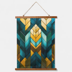 Eleganter moderner abstrakter Gold-Teal-Geometrie Wandteppich Mit Holzrahmen