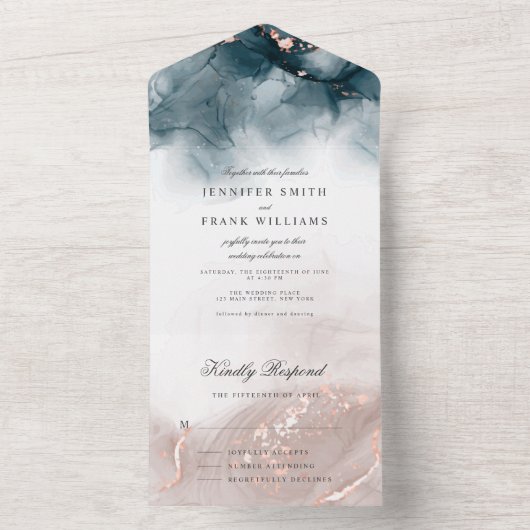 Eleganter moderner Alkohol Tinte Gold Blush All In One Einladung (Innen)