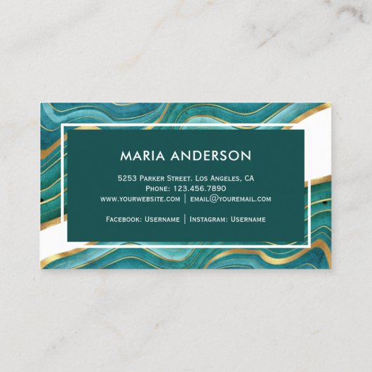 Eleganter, moderner Aquamariner Gold Agate Geode G Visitenkarte (Rückseite)