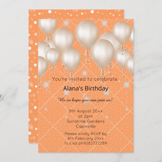 ELEGANTER MODERNER BALLOON GRID ORANGE GEBURTSTAG EINLADUNG (Vorne/Hinten)