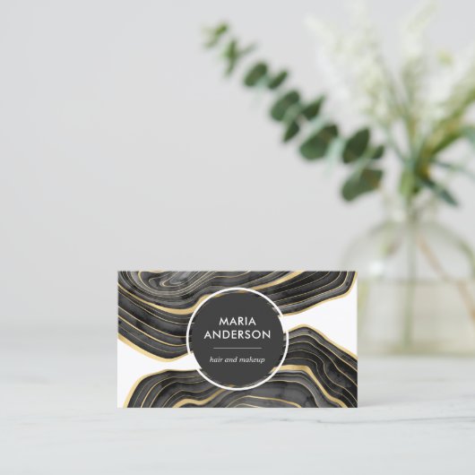 Eleganter moderner Black Gold Agate Geode Gemstone Visitenkarte (Stehend Vorderseite)