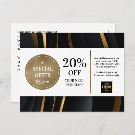 Eleganter, moderner Black Gold Gutscheinrabatt Postkarte (Vorne/Hinten)