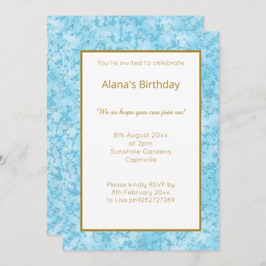 ELEGANTER MODERNER BLAUE MARBLE GLITZER EINFACH EINLADUNG (Vorne/Hinten)