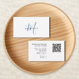 Eleganter moderner blauer Schriftmonogramm-QR-Code Visitenkarte