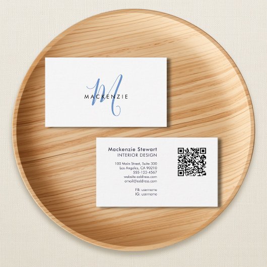 Eleganter moderner blauer Schriftmonogramm-QR-Code Visitenkarte