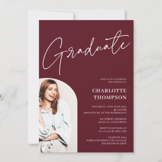 Eleganter, moderner Bordeaux-Foto-Abschluss Einladung (Vorderseite)