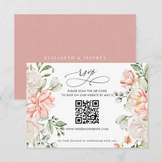 Eleganter moderner botanischer Blush-Blumen-QR-Cod RSVP Karte (Vorne/Hinten)