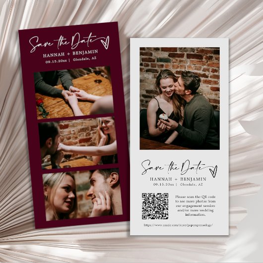 Eleganter, moderner Burgund-Foto-Stand QR-Code Save The Date