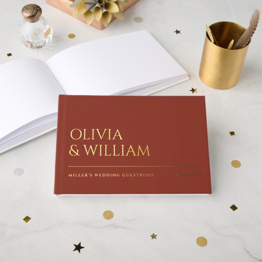 Eleganter moderner Burnt Umber Typografy Wedding F Gästebuch (Vorderseite Offen)