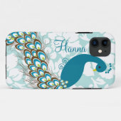 Eleganter moderner Damast-Pfau personalisiert Case-Mate iPhone Hülle (Rückseite (Horizontal))