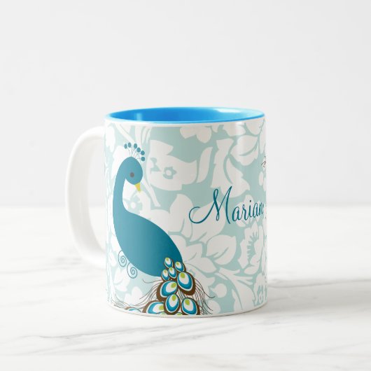 Eleganter moderner Damast-Pfau personalisiert Zweifarbige Tasse (Vorderseite Links)