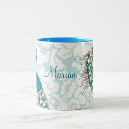 Eleganter moderner Damast-Pfau personalisiert Zweifarbige Tasse (Mittel)