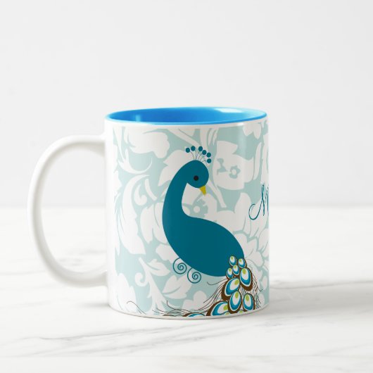 Eleganter moderner Damast-Pfau personalisiert Zweifarbige Tasse (Links)