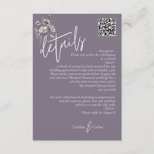 Eleganter, moderner, dunkler lila Hochzeitsstift Q Begleitkarte (Vorderseite)